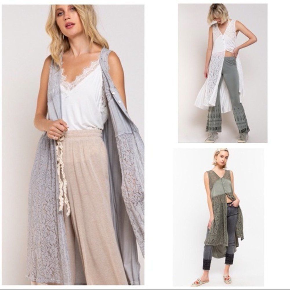 DOVE Grey Lace Detailed Tunic Top w/Cross Cut Slit